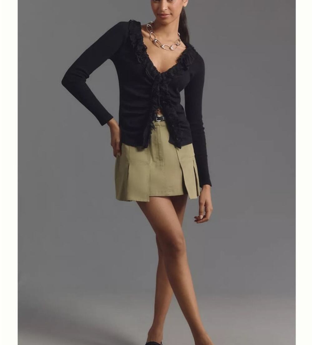 Anthropologie Ruffled Cardigan Top Womens Black Ribbed Lace Ruched Romantic